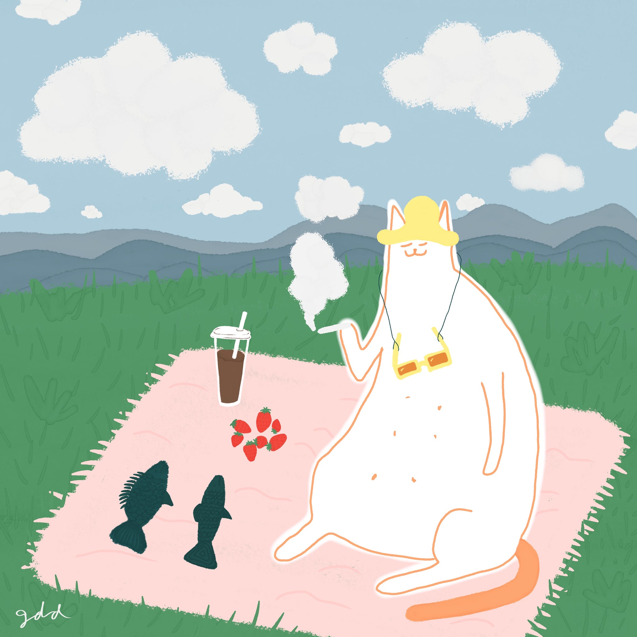 A white and orange cat has a picnic by himself on the grass. There are mountains and clouds in the background. The cat is wearing a hat and has sunglasses around its neck. There is an iced coffee, strawberries and 2 fish laid out next to the cat. The cat is also smoking a joint. Peace and love, Good Dog Draws